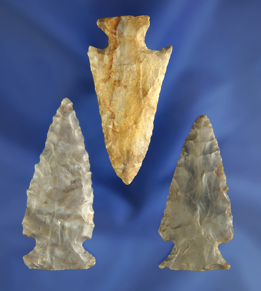 Set of three nice Cornernotch arrowheads, largest is 2 3/16" found in Crawford Co.,  Ohio