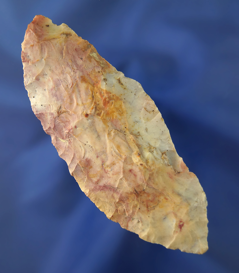 3 11/16" Archaic Bi-pointed Blade made from multicolored Flint Ridge Flint Crawford Co.,  Ohio