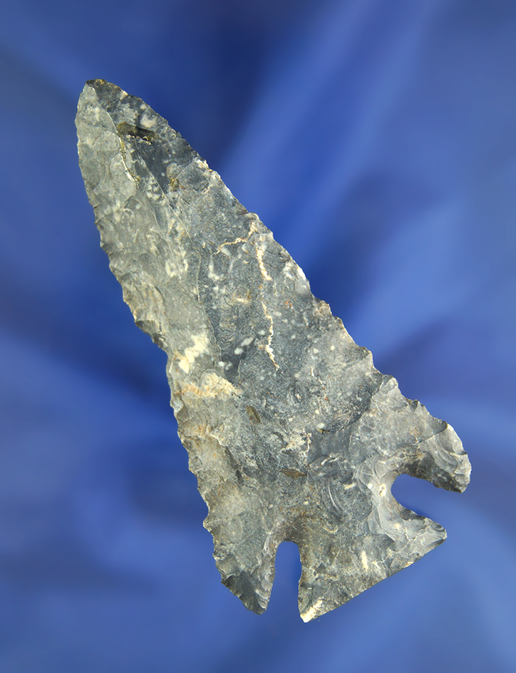 Nicely serrated 3 9/16" Archaic Deep Notch Bevel found in Ohio. Pictured in Who's Who number 2.