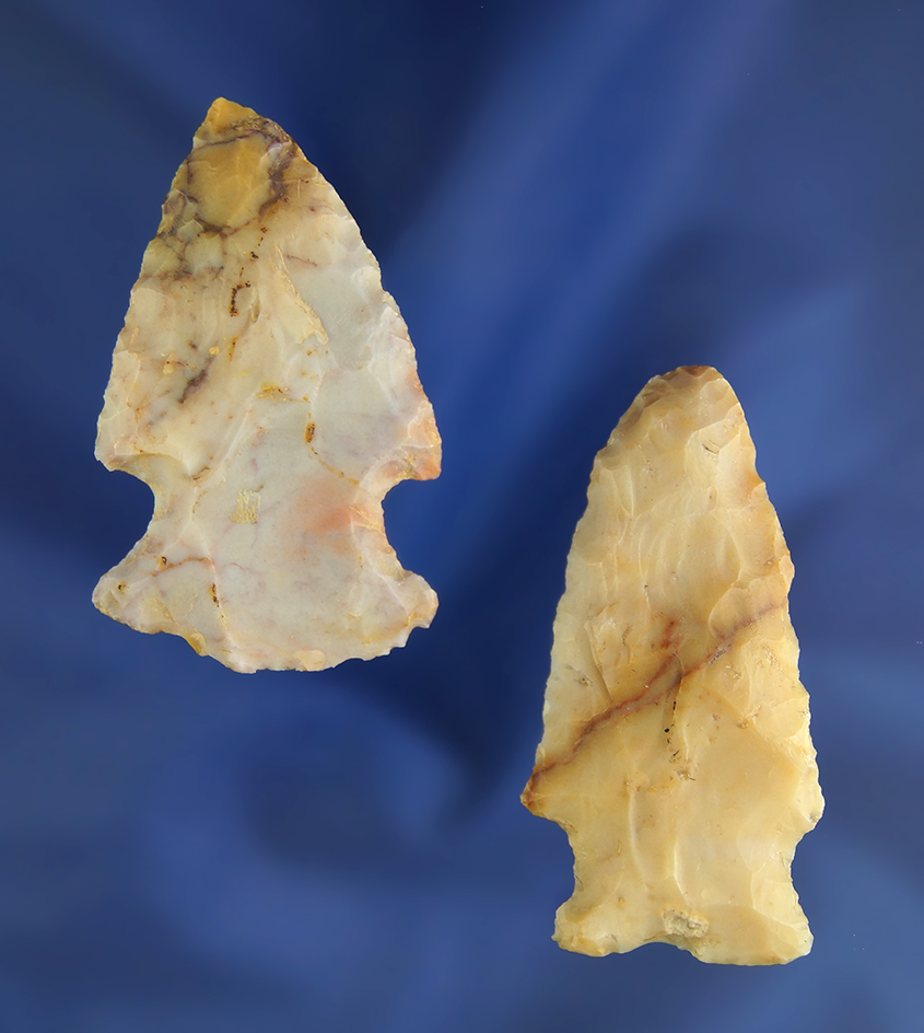 Pair of very colorful Flint Ridge Flint arrowheads found in Ohio.  Largest is 2".
