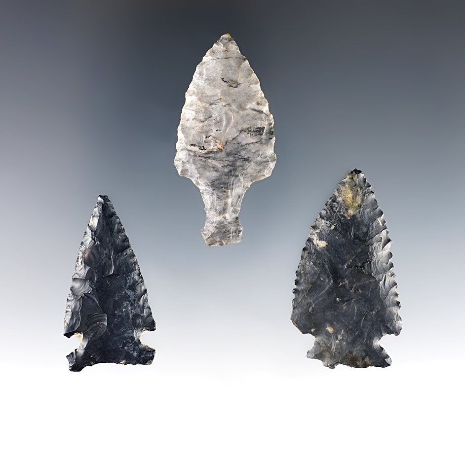 Set of 3 nice Coshocton Points found in West Bedford, Coshocton Co., Ohio. The largest is 2 1/16".