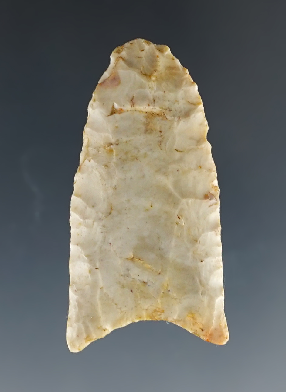 1 3/4" Paleo Clovis made of Flint Ridge Chalcedony. Found in Fairfield Co., Ohio.