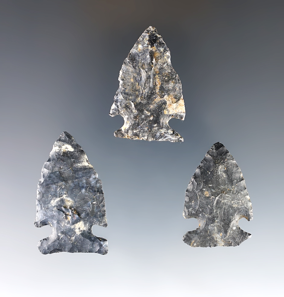 Set of 3 nicely made Intrusive Mound Points found in Ohio. All are made from Coshocton Flint. 