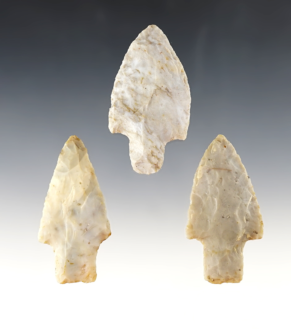 Set of 3 finely made Ohio Adena Points. All are made from Flint Ridge Flint. The largest is 2 9/16".