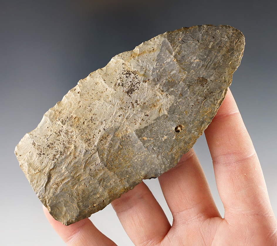 4 1/2" Knife made from patinated Chert. Ex. Shewey, Bogle. Certificate of Origin & Davis COA.