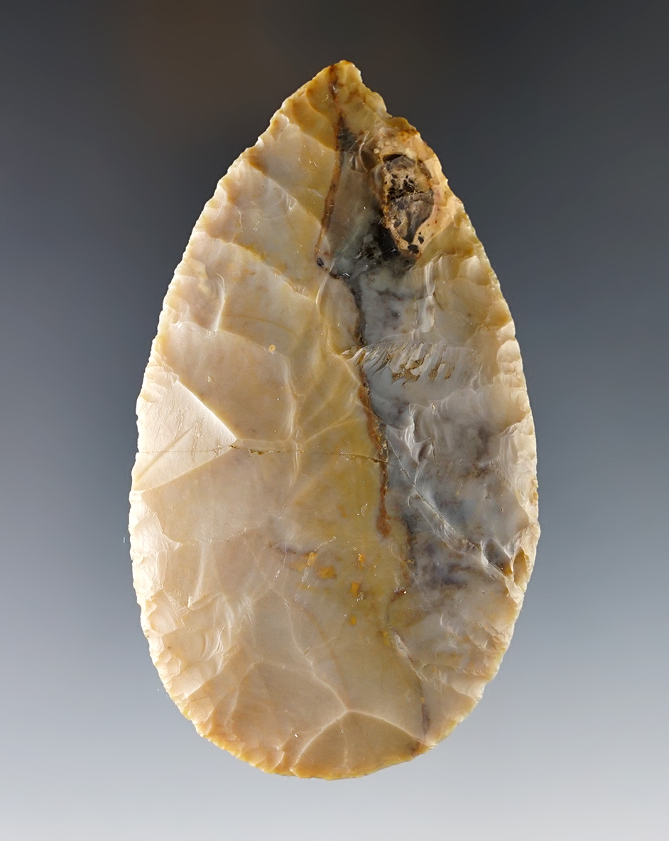 Incredible flaking on this 3 3/4" Ohio Woodland Cache Blade made from colorful Flint Ridge Flint. 