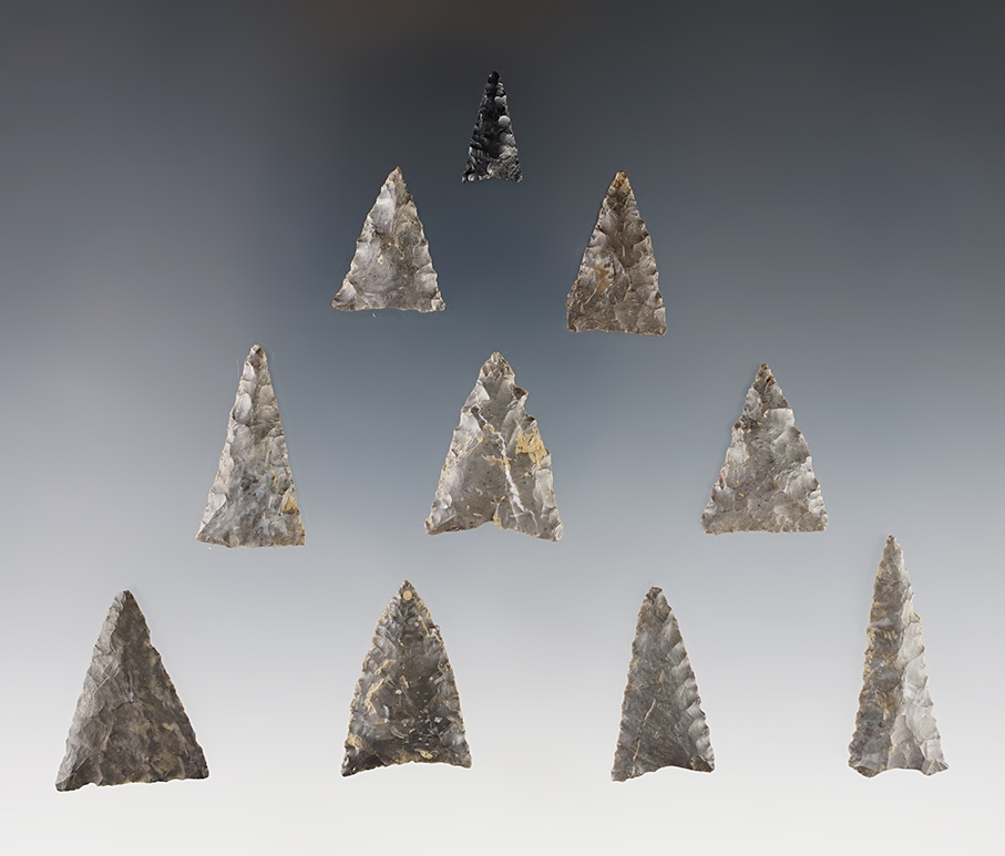 Set of 10 well flaked Madison Triangles found in Ohio. The largest is 1 3/8".