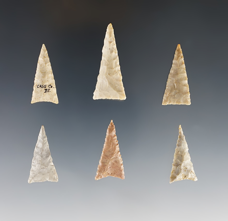 Set of 6 nicely flaked Triangle Points found in the Midwestern U.S. The largest is 1 1/2".