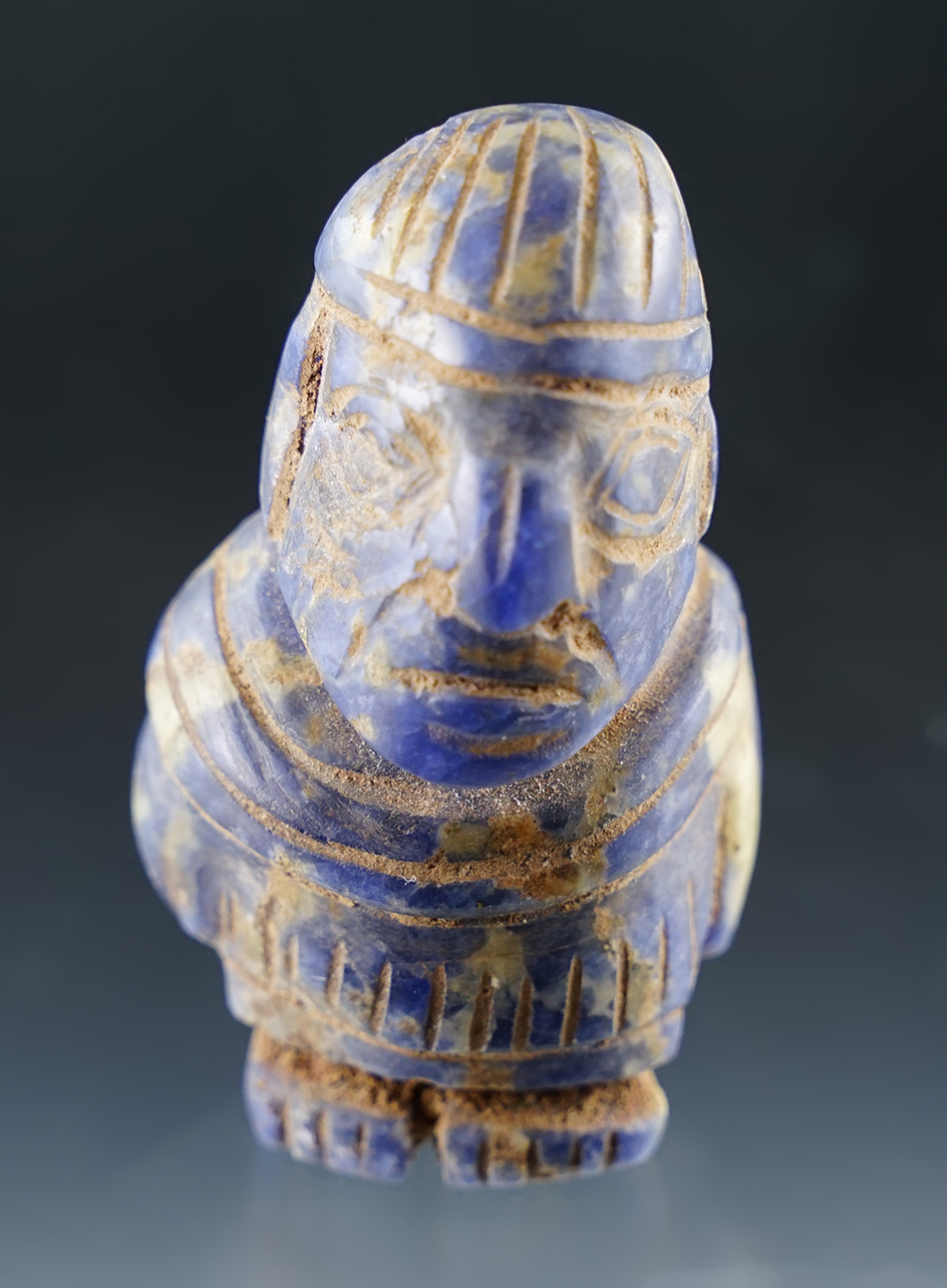 2 1/2" tall blue and cream Hardstone PreColumbian Carved Human Figure.