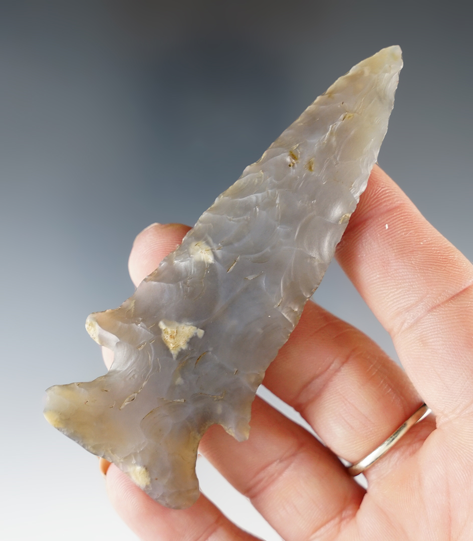 3 9/16" Archaic Bevel made from Flint Ridge Chalcedony, Pickaway Co., Ohio.