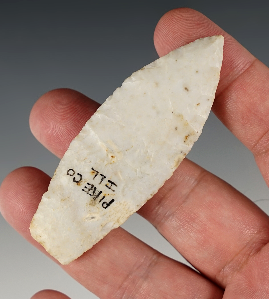 3 1/16" Agate Basin found in Pike Co., Illinois. Minor modern retouch to the tip.