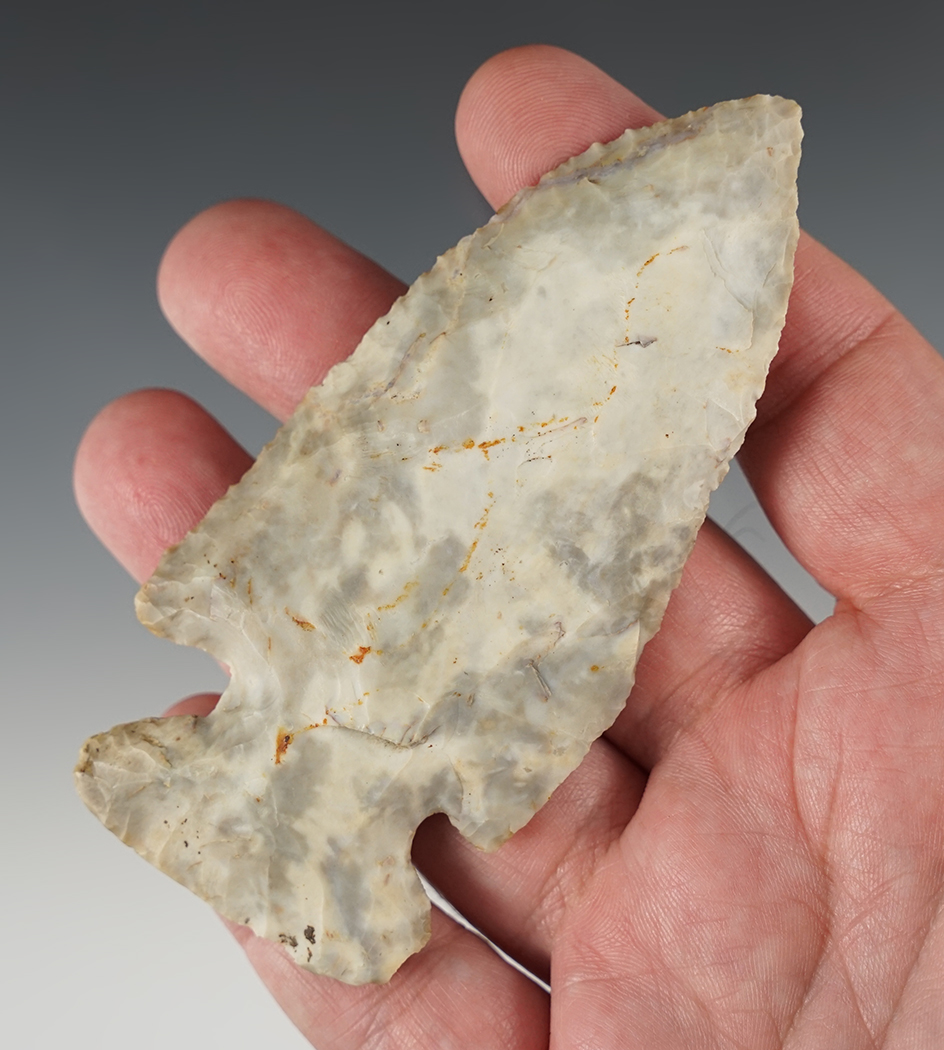 Very nice 3 15/16" Thebes point found in Licking Co., Ohio. Ex. Barrett. Pictured.