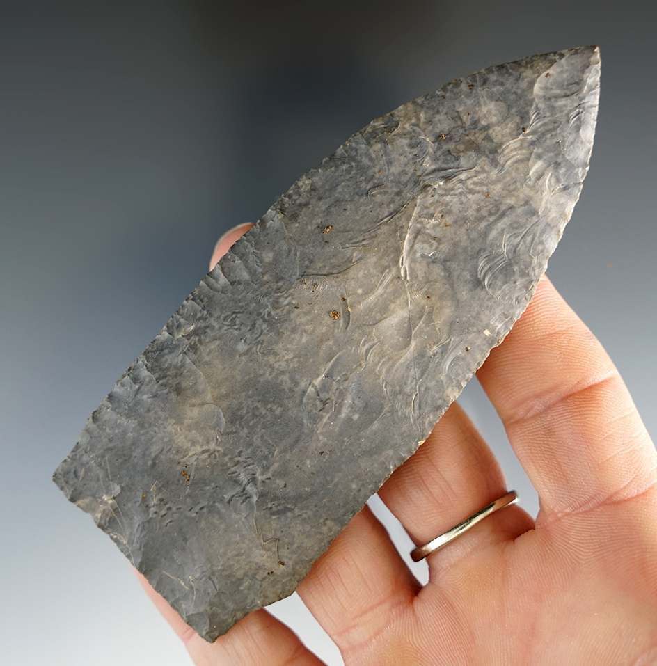 Superb  4 5/16" Stemmed Paleo Knife found in Ohio. Thin and beautifully flaked.