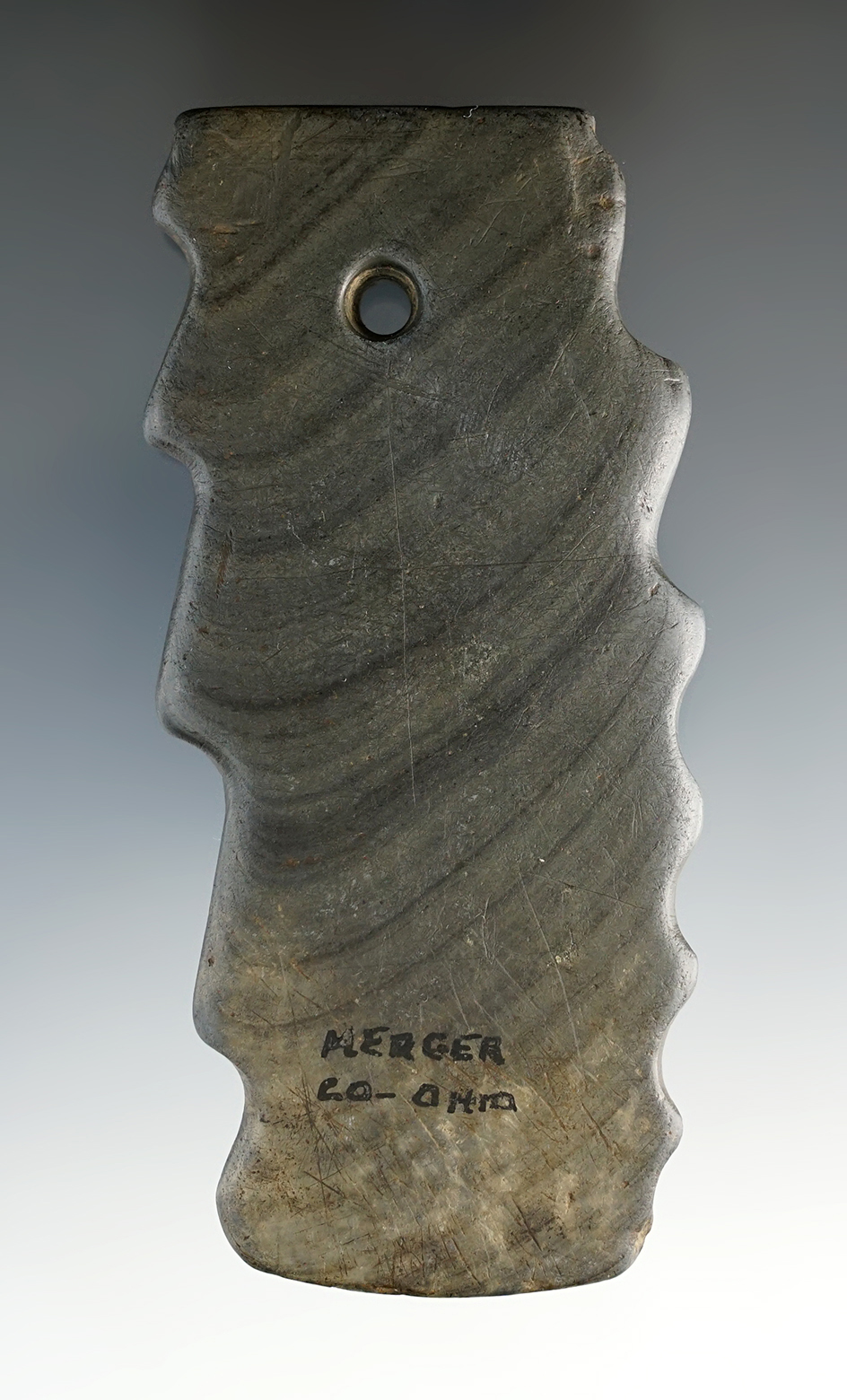 4 1/4" Hopewell Pendant made from Banded Slate. Found in Mercer Co., Ohio.