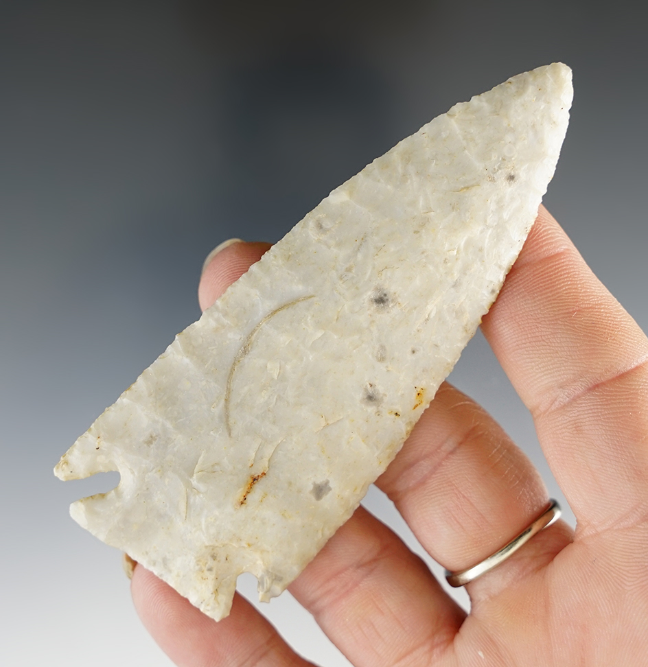 Thin and fine 3 5/8" Pulaski Point. Found in Calhoun Co., Illinois. Ex. Schumm.