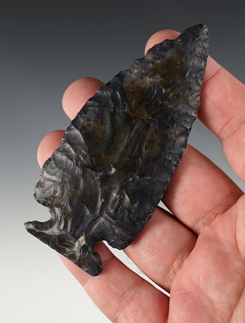 3 7/8" Archaic point with a nicely ground base. Found in Coshocton Co., Ohio.