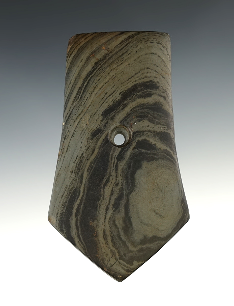 Well made 4 3/8" Hopewell Pentagonal Pendant found in Seneca Co., Ohio.