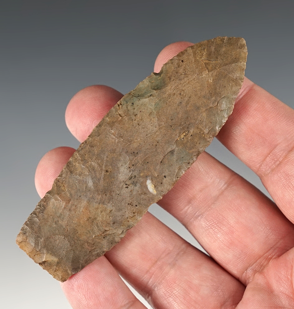 3 3/8" Highly patinated Delaware Chert Paleo Lanceolate, Delaware Co., Ohio.