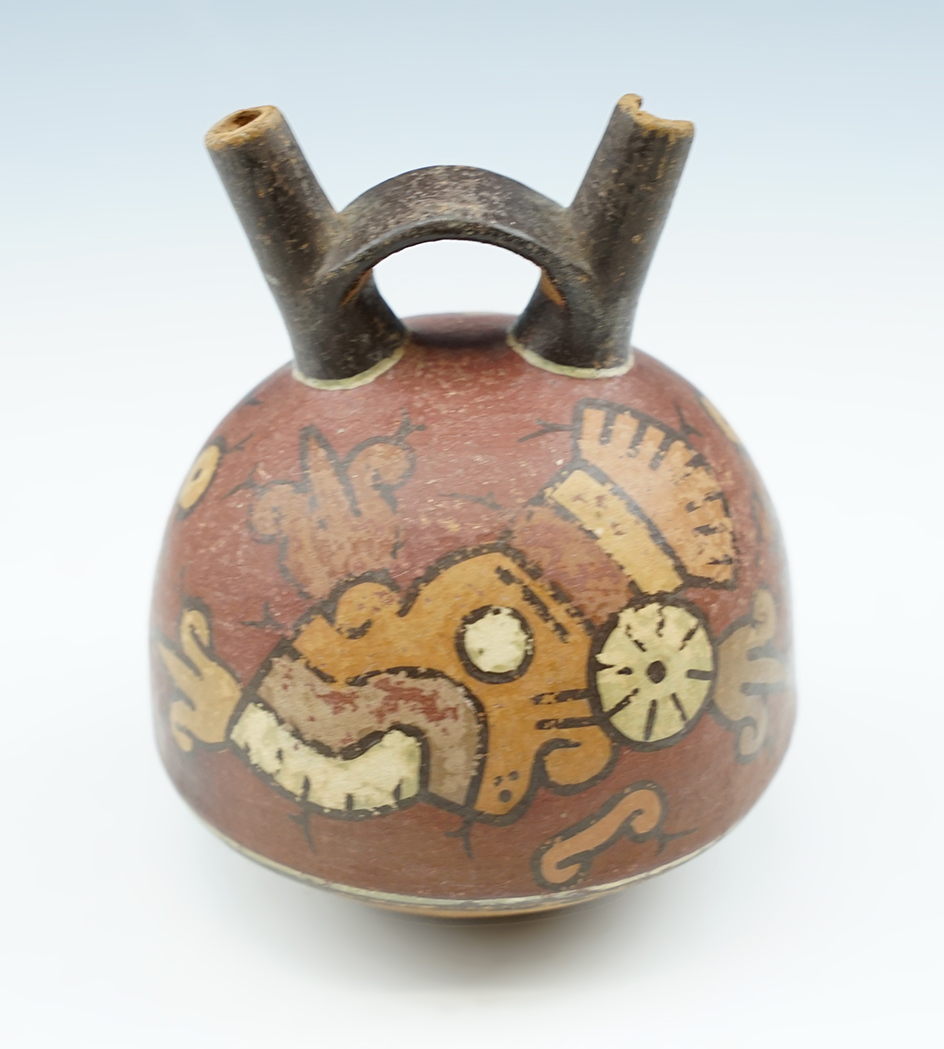 Miniature 2 3/4" x 3 3/4" tall Nasca nicely painted Dual Spout Pottery Vessel.