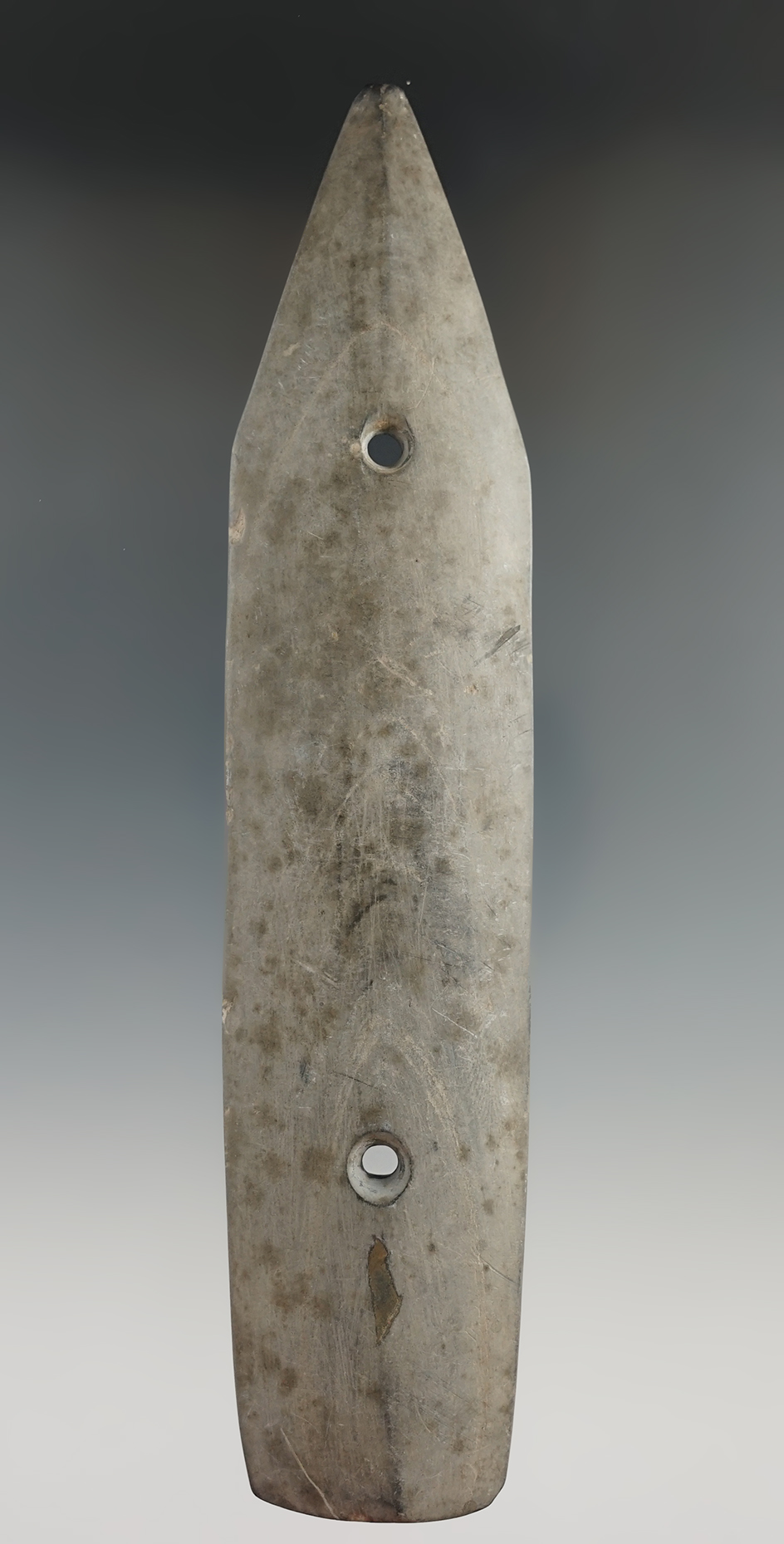 Large 6 5/8" slate Spear Gorget - Huron Co., Ohio, Hartland Township.  Ex. B. B. Thomas.