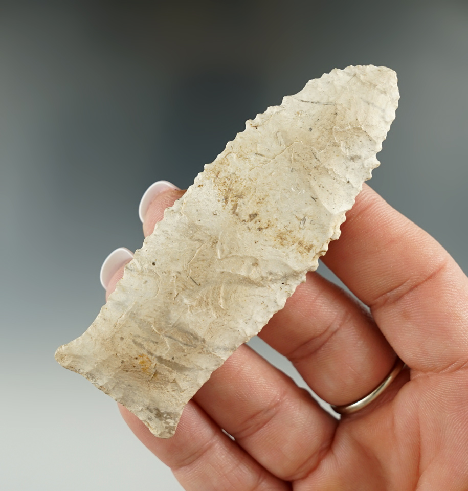 Excellent edge serrations on this 3 1/4" Greenbrier found in the Missouri/Illinois area.  COA.