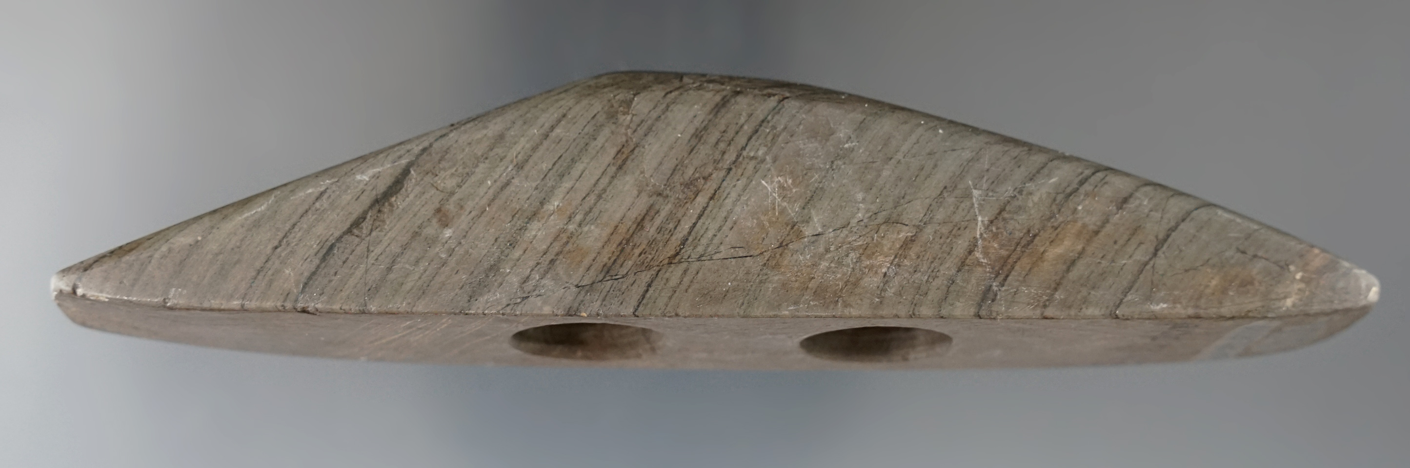 5 1/8" Keeled Gorget found in Portage Co., Ohio. Made from nicely banded glacial slate. -