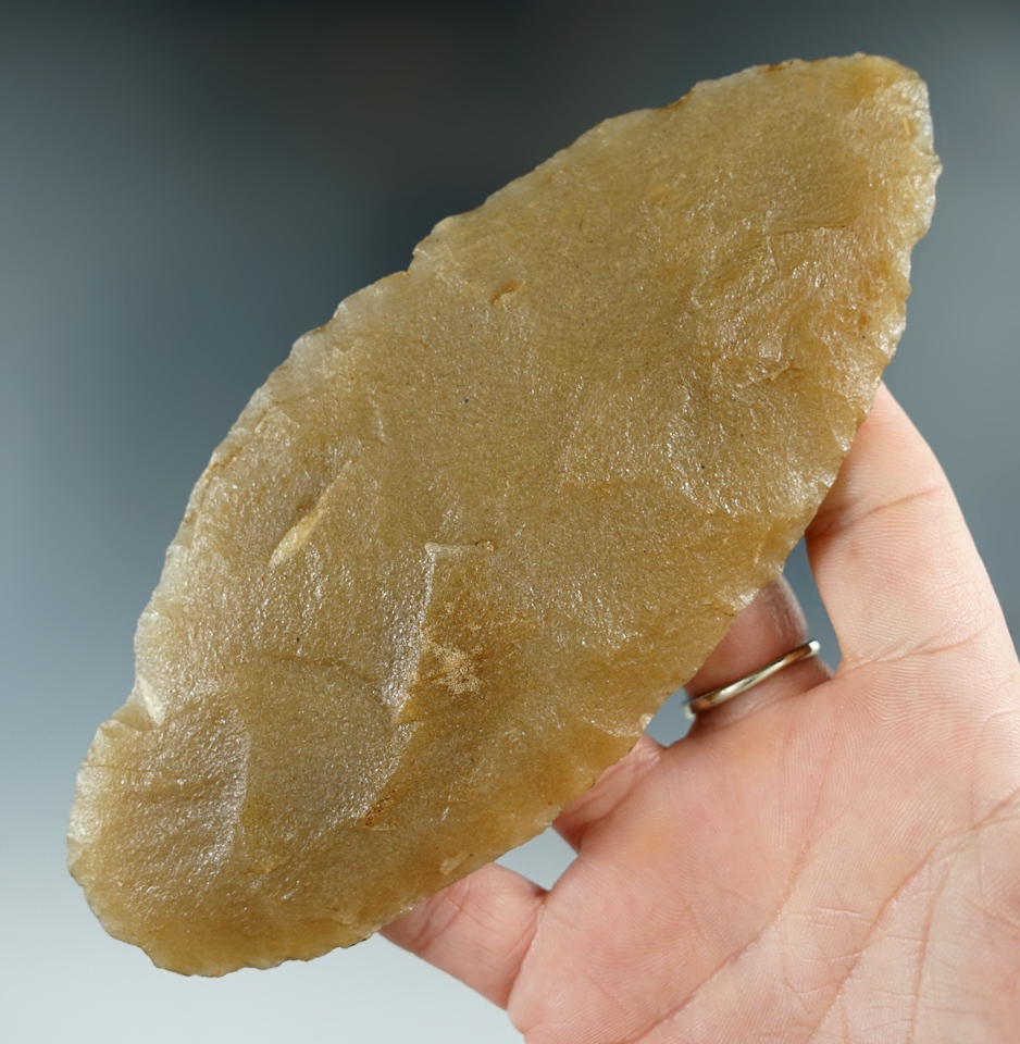 Large and nice! 5 13/16" Adena Blade made from Hixton found in Fulton Co., Illinois. 2 COAs.