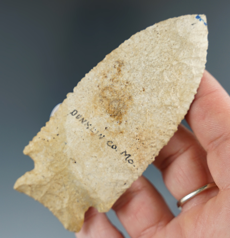 3 5/8" finely made Archaic Stilwell made of colored Burlington. Found in Dunklin Co, Missouri.