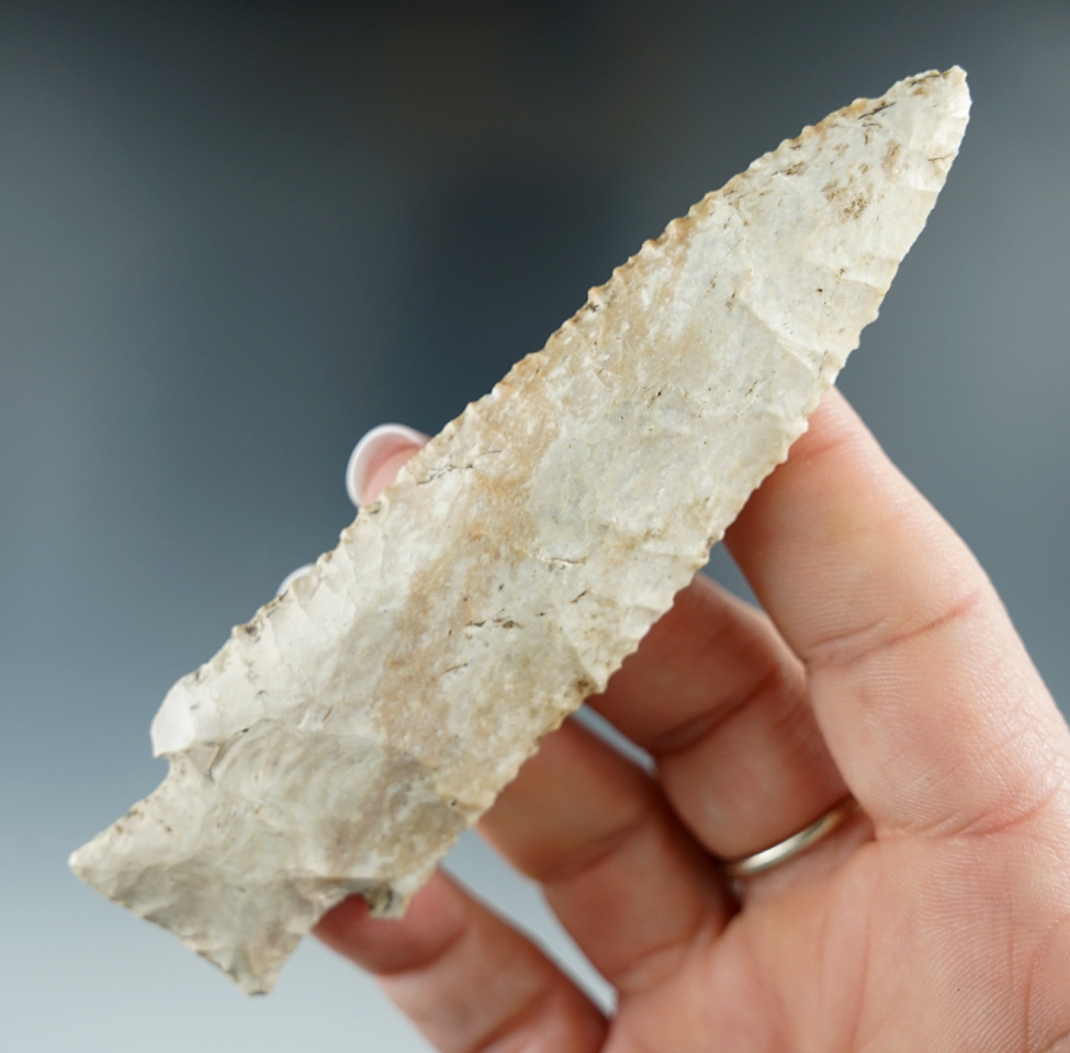 4 1/4" nicely beveled Hardin found in Missouri with excellent edge serrations. Bennett COA.