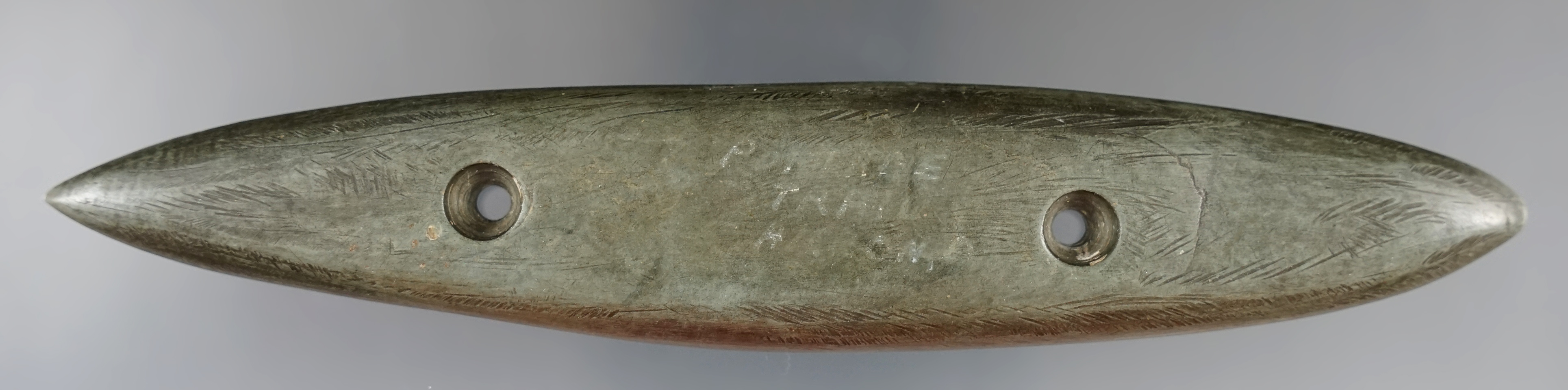 6 5/8" by pointed Gorget made from beautiful banded slate found in Summit Co., Ohio. 2 COAs