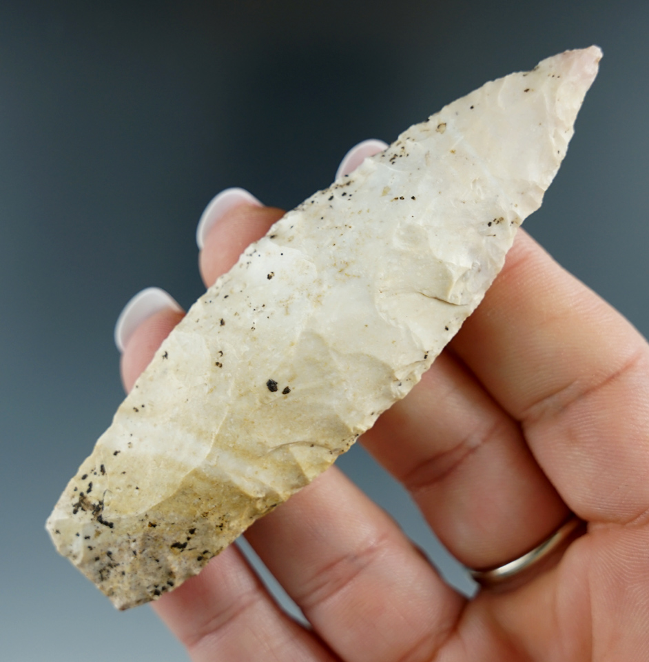 3 5/8" Burlington chert Agate Basin found in Illinois.