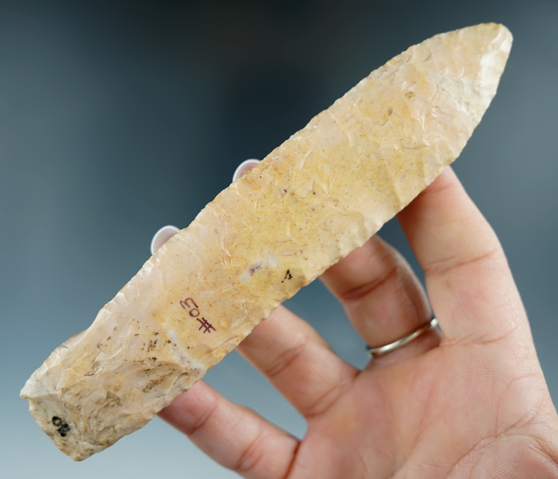 5 9/16" Paleo Lanceolate found in Illinois made from attractive pink and cream flint.