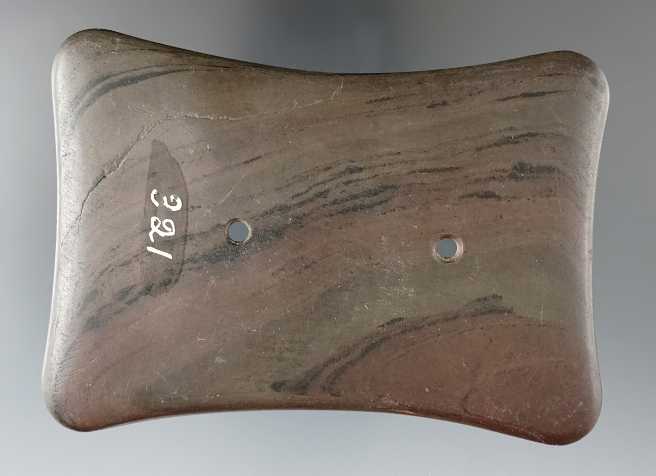 3 15/16" Quadriconcave Gorget - attractive banded slate found in Delaware Co., OH.