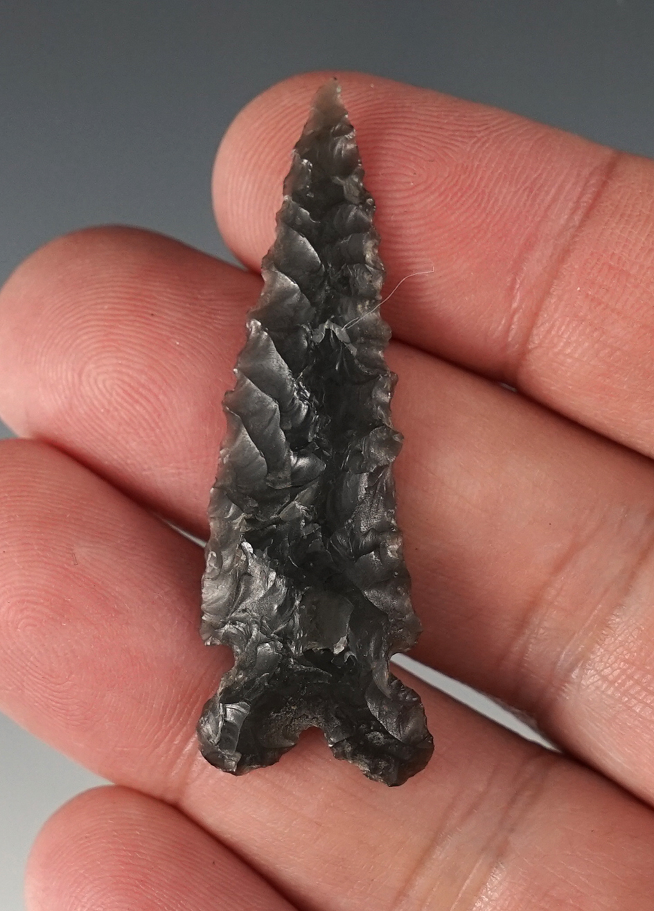 Finely flaked 2" Obsidian Bifurcated Dart point. Found in Burns, Oregon.