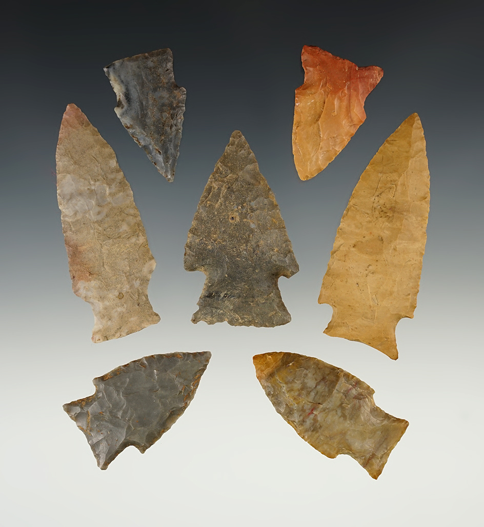 Set of 7 well made points found in the Kentucky/Tennessee area. The largest is 2 3/4".