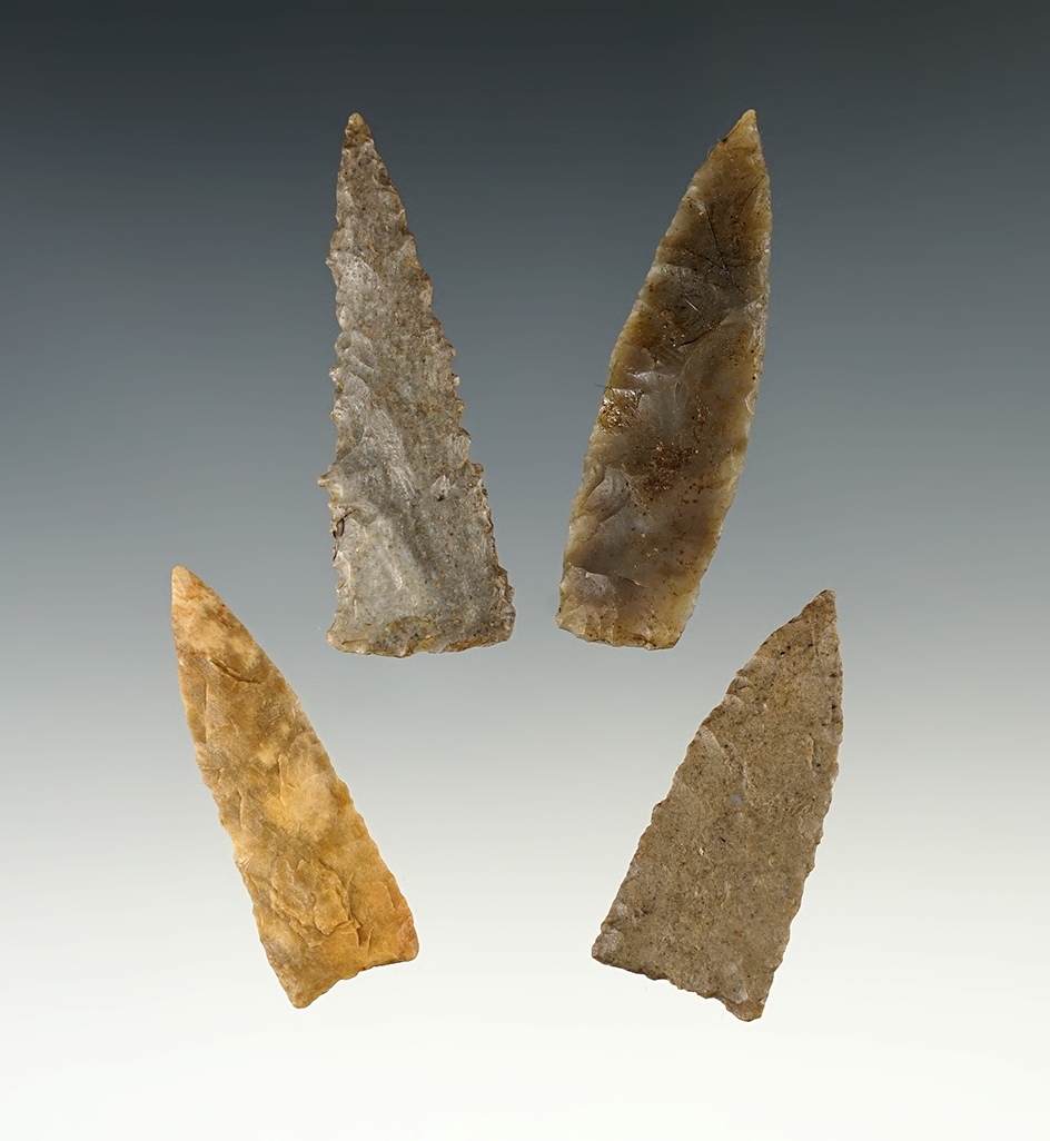 Set of 4 fine Triangle points found in the Kentucky/Tennessee area. The largest is 1 15/16".