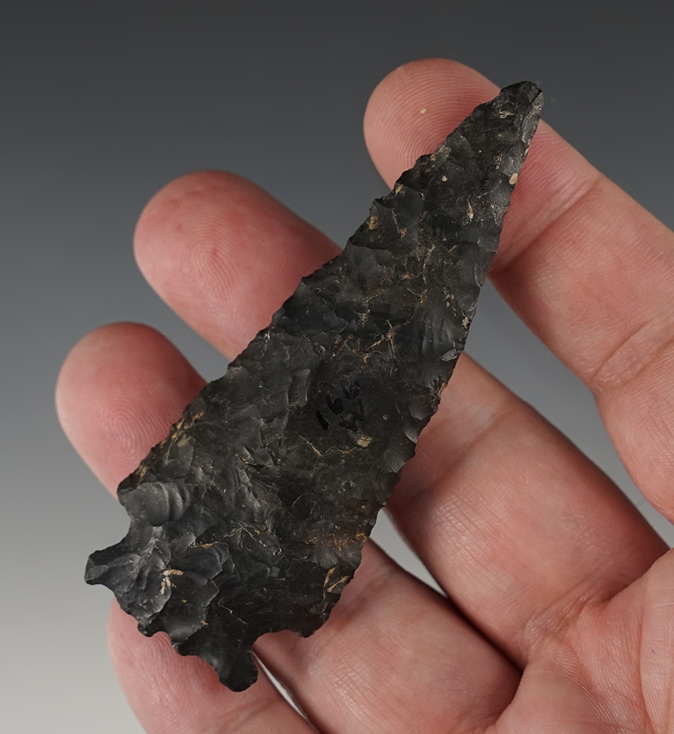 3 3/16" Ohio Side Notch with unique ancient basal treament. Small spot of restoration.