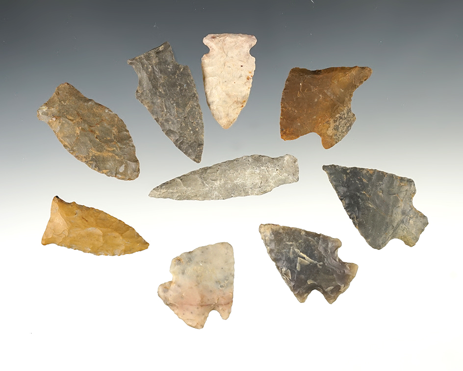 Set of 9 Assorted points in good condition. The largest is 2 3/8".