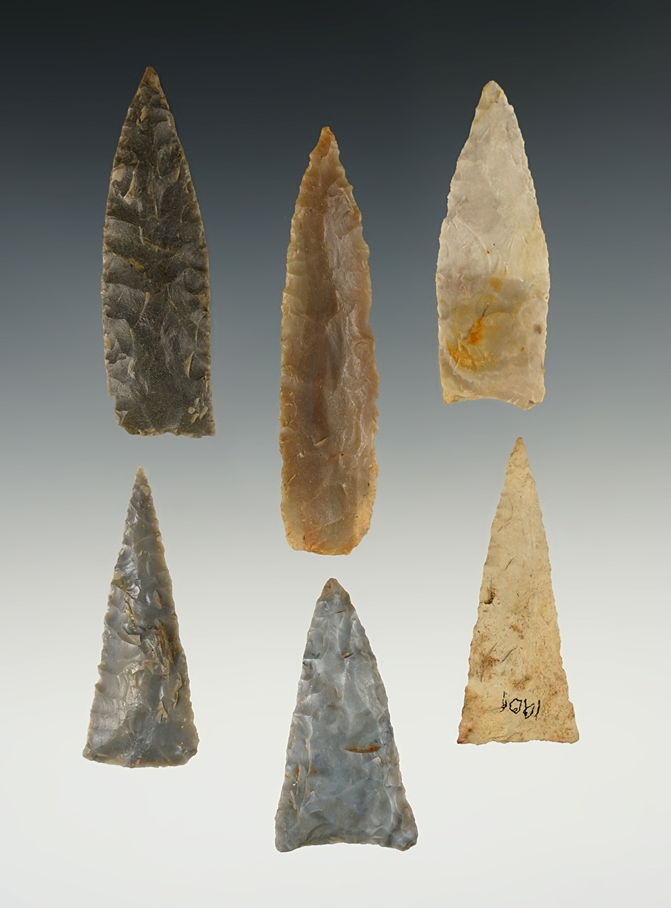 Set of 6 nice Triangle points found in the Kentucky/Tennessee area. The largest is 2 7/16".