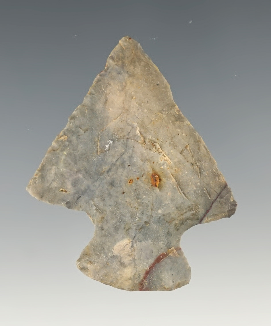 Well made 1 15/16" Perkiomen made from Variegated Jasper. Found in the Eastern U.S.