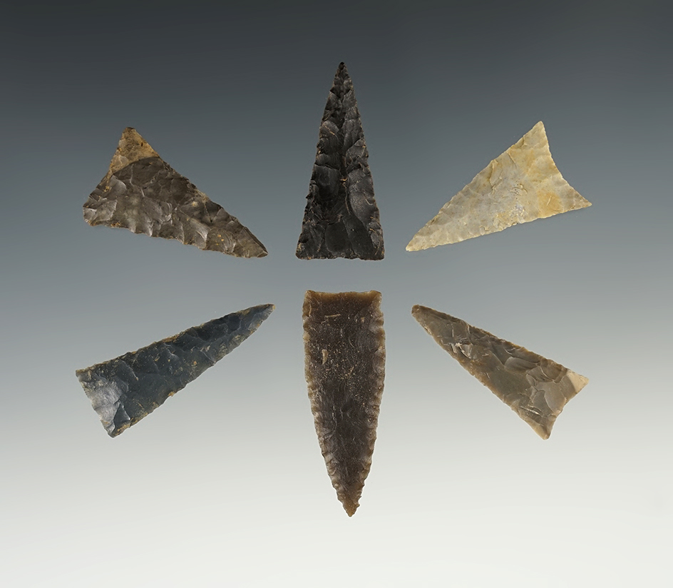 Set of 6 finely made Triangle points found in the Kentucky/Tennessee area.