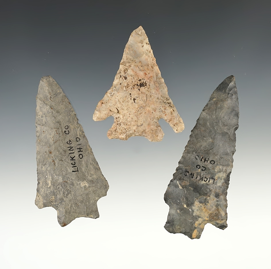 Set of 3 Nice points found in Licking Co., Ohio. The largest is 3 3/8".