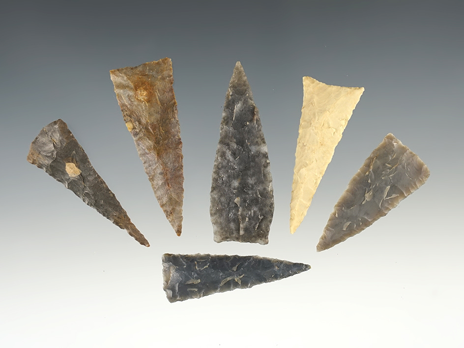 Set of 6 well made Triangle points found in the Indiana/Kentucky area. The largest is 2".