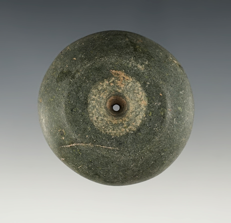 Large 2 1/8" diameter drilled Precolumbian Polished Stone Bead found in Mesoamerica.