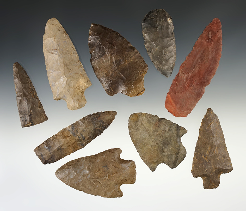 Set of 9 points and blades found in the Tennessee area. The largest is 3 15/16".