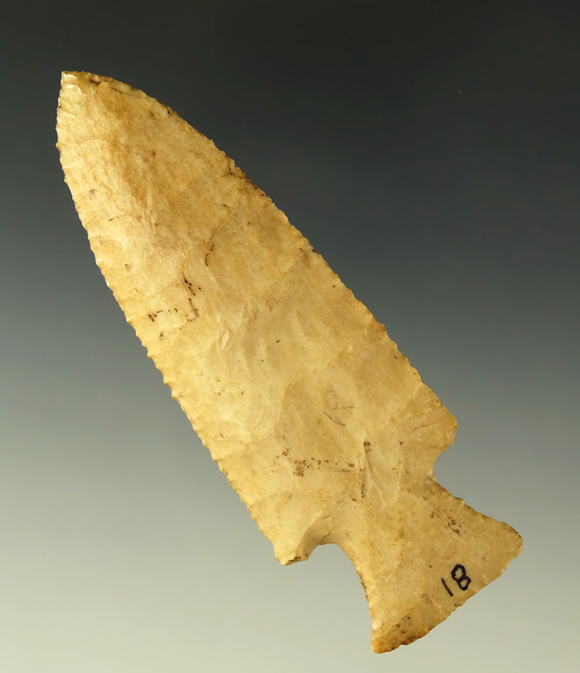 Excellent style on this 4 1/16" Barbed Hardin found in Missouri.