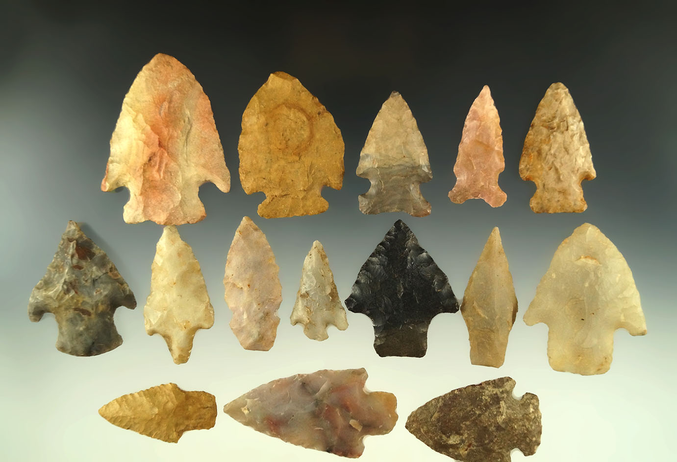 Set of 15 assorted arrowheads found in Arkansas and Missouri, largest is 2 1/4".