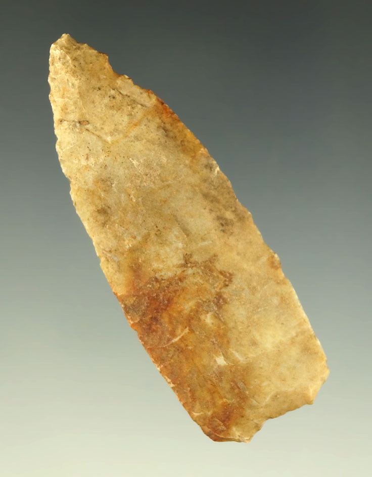 Exceptionally thin! 2 3/8" Paleo Dart point with heavily ground lower edges found in Indiana.