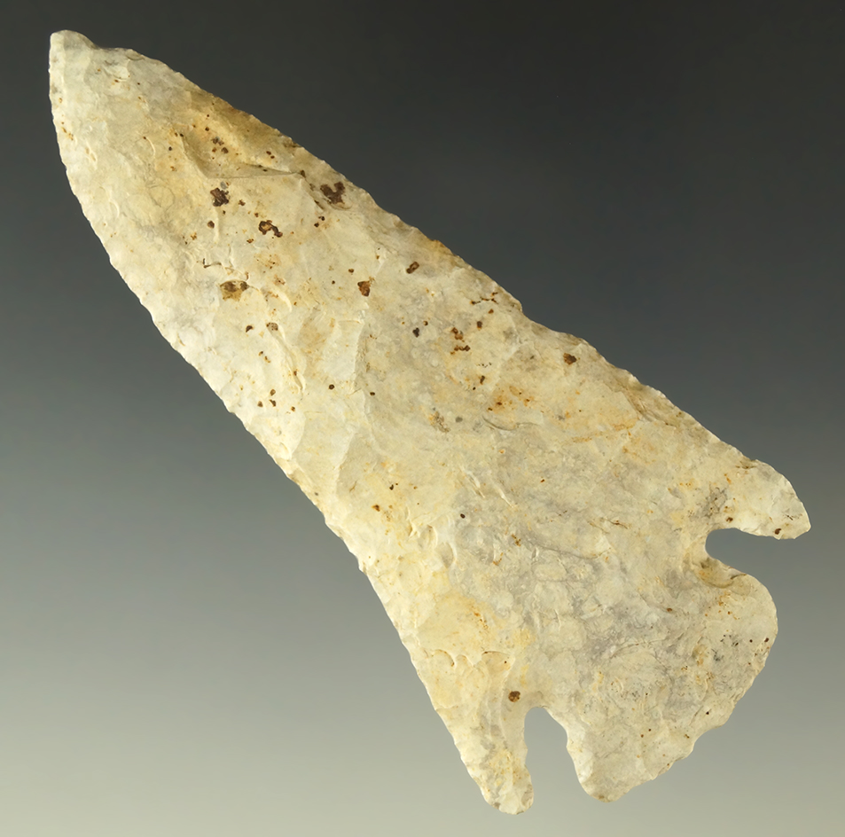 Excellent flaking on this 3 7/8" Archaic Cornernotch found in Missouri.