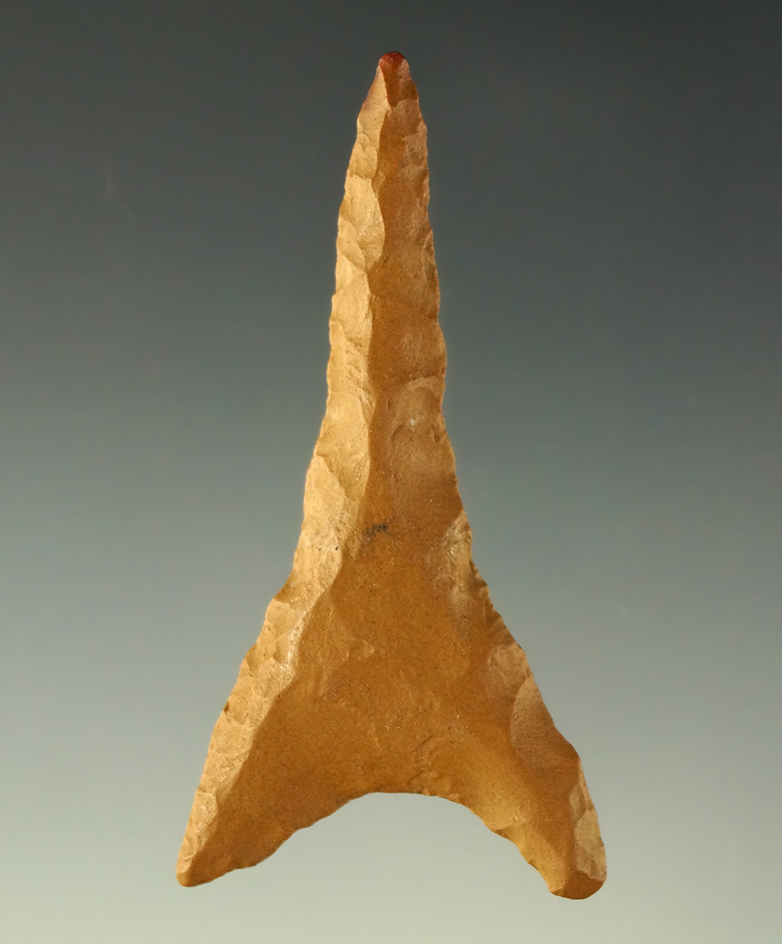 2 3/8" triangular base drill found in the southern U. S. Made from Jasper.